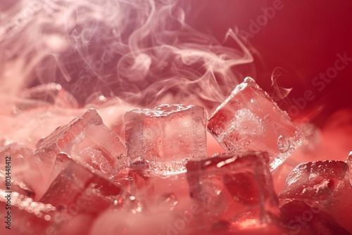 closeup of ice cubes with fog and smoke on dark red background cold drink concept