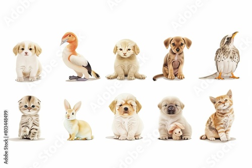 collage various cute pets dog cat rabbit bird white background pet shop veterinary animal care adoption digital illustration 
