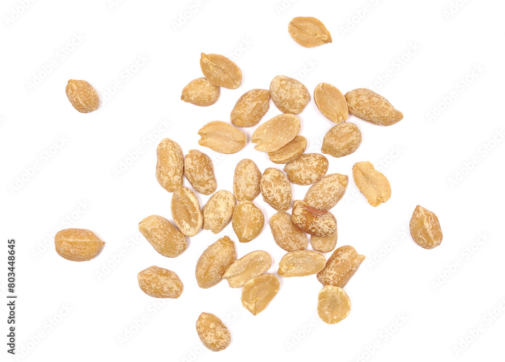 Roasted salted peanuts pile isolated white, top view Roasted salted peanuts pile isolated white, top view