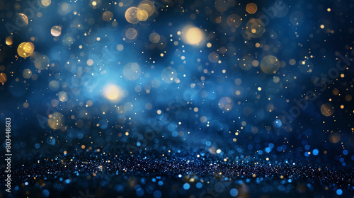 Blue and gold glitter pieces. Small pieces of glitter particles and dust on the dark floor. Bokeh background. Generative AI