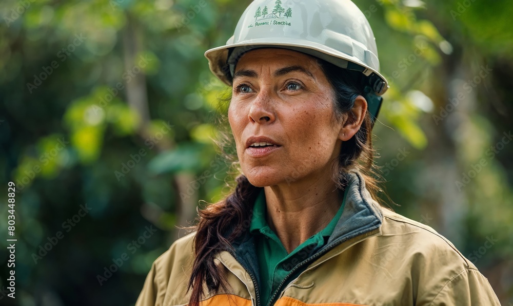 Landscape arborist woman female garden worker on a job site talking to crew customers, small business owner, wearing a safety helmet and uniform Landscape arborist woman female garden worker on a job site talking to crew customers, small business owner, wearing a safety helmet and uniform