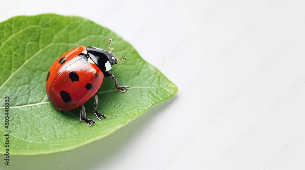 A ladybug sits on a green leaf, its red wings dotted with black spots. The leaf is held up by a white background.