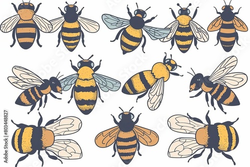 cute doodle set of various striped bees with different wing patterns vector illustration © Lucija