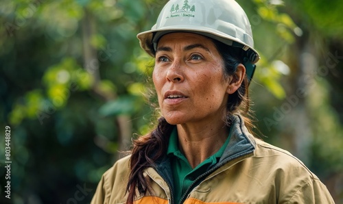 Landscape arborist woman female garden worker on a job site talking to crew customers, small business owner,  wearing a safety helmet and uniform