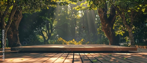 A wooden platform in a lush green forest.
