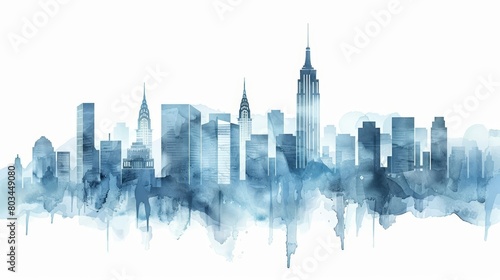 New York City skyline in watercolor. Blue and white colors.