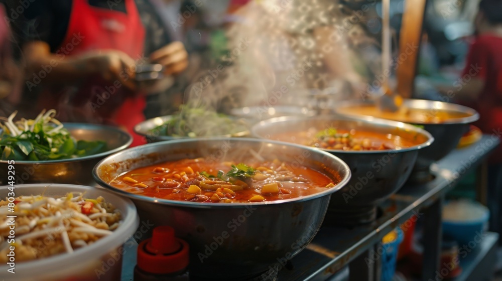 A traditional Thai food stall serving bowls of steaming hot tom yum goong soup to hungry customers, with condiments on the side. A traditional Thai food stall serving bowls of steaming hot tom yum goong soup to hungry customers, with condiments on the side.