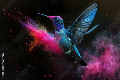 Vibrant Hummingbird in Flight Surrounded by a Cosmic Burst of Colorful Stardust   © Stefan