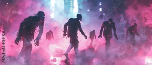 A group of zombies walk through a destroyed city