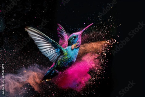 Vibrant Hummingbird in Flight Surrounded by a Cosmic Burst of Colorful Stardust  