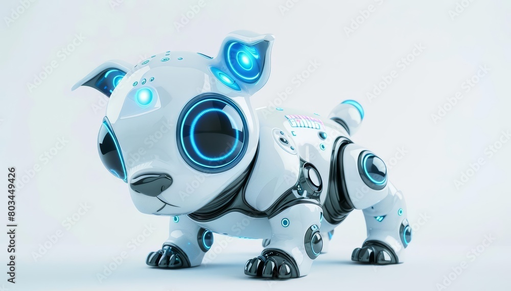 A robotic dog with white and black metal plating and blue glowing eyes and ears. A robotic dog with white and black metal plating and blue glowing eyes and ears.