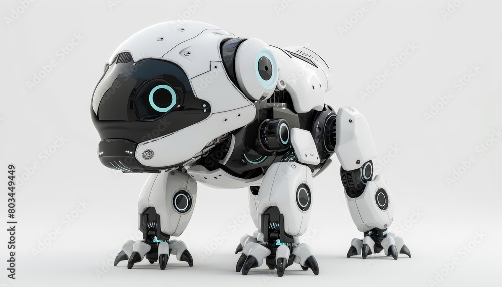 A robotic lizard with white and black armor and blue lights. The lizard is crouched on all fours and has a long tail. A robotic lizard with white and black armor and blue lights. The lizard is crouched on all fours and has a long tail.