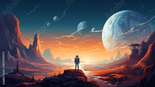 An astronaut stands on a cliff overlooking a vast alien landscape. The sky is filled with stars and planets, including a large planet on the right and smaller ones in the background.