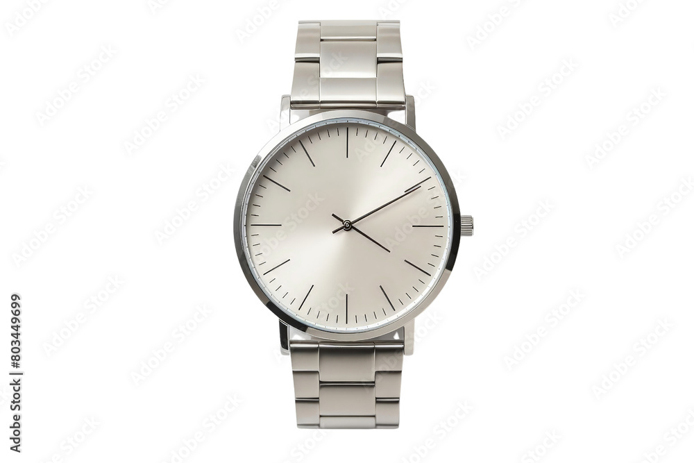 A silver watch with a white face and a black band, white background, transparent background A silver watch with a white face and a black band, white background, transparent background