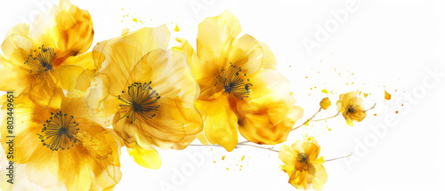 Fondo blanco con espacio vacio y flores de primavera de color amarillo formando una cenefa, Concepto celebraciones, bodas, dia de la madre, aniversarios photo
