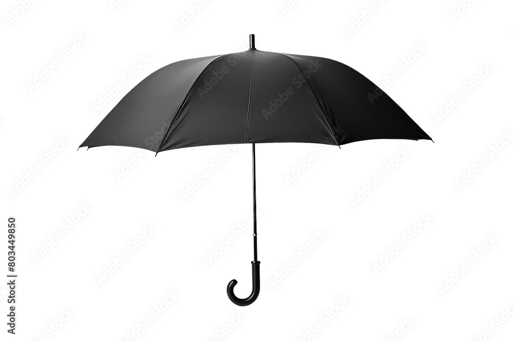 A black umbrella is open and sitting on a white background, transparent background