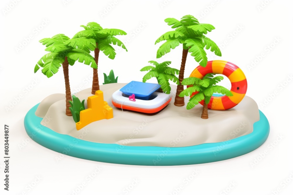 Obraz premium Beach Scene With Inflatable Raft and Palm Trees