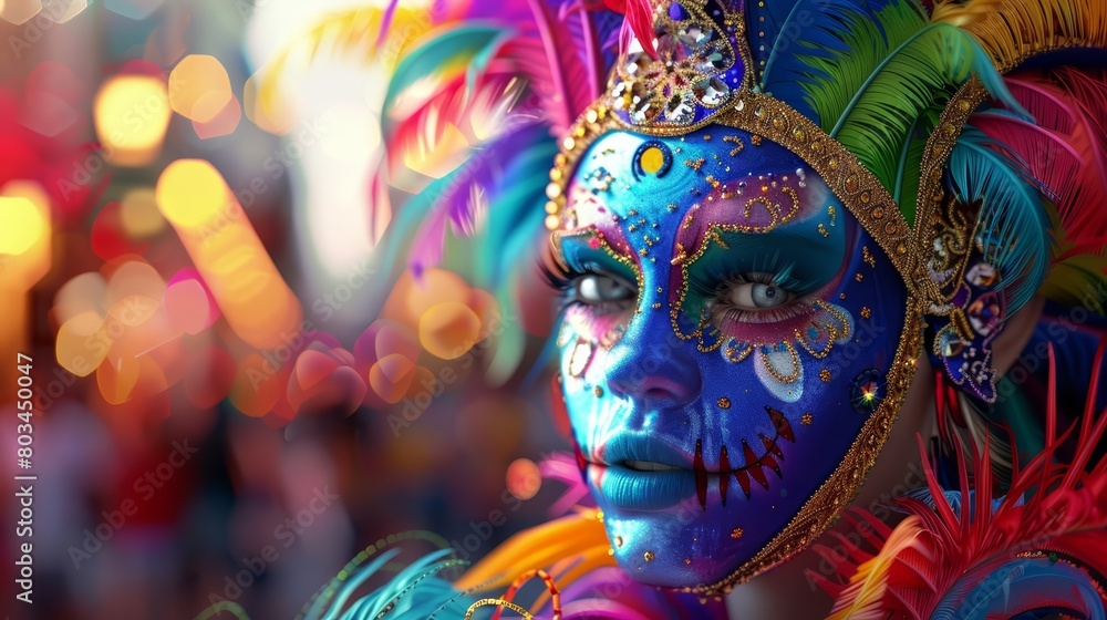 A young woman wearing a colorful feathered headdress and blue face paint.