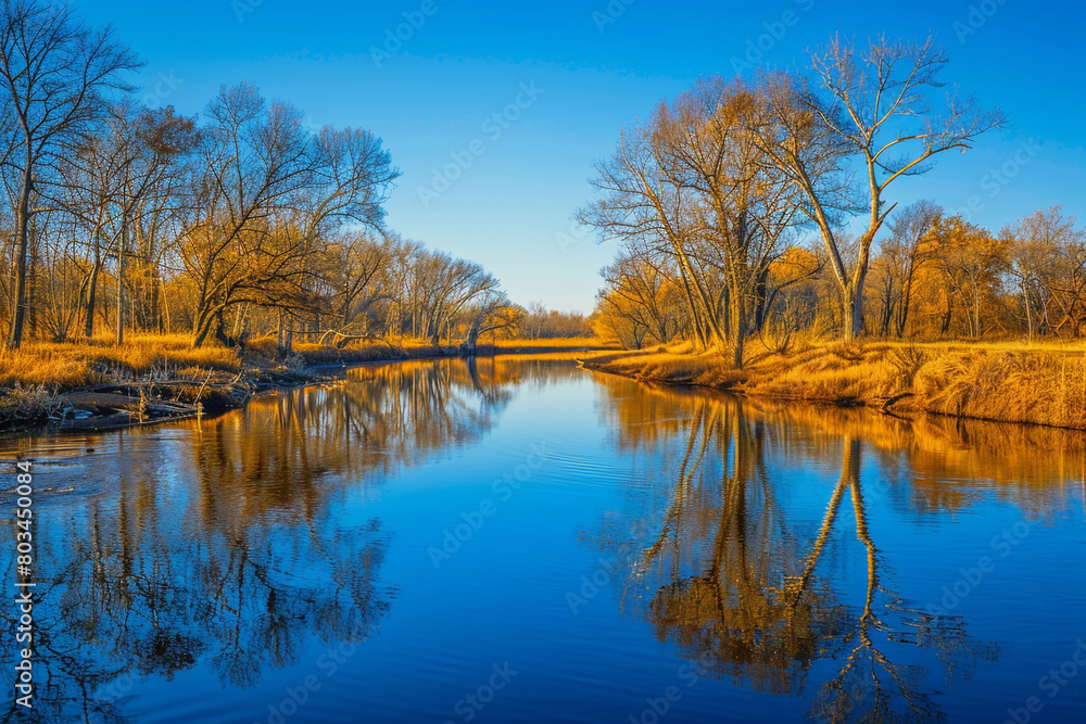 A tranquil image of a meandering river reflecting the clear blue sky, with trees lining its banks and creating a serene, natural setting.