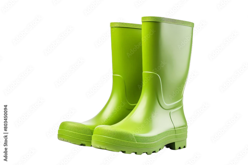 Two green rain boots are shown on a white background, transparent background Two green rain boots are shown on a white background, transparent background