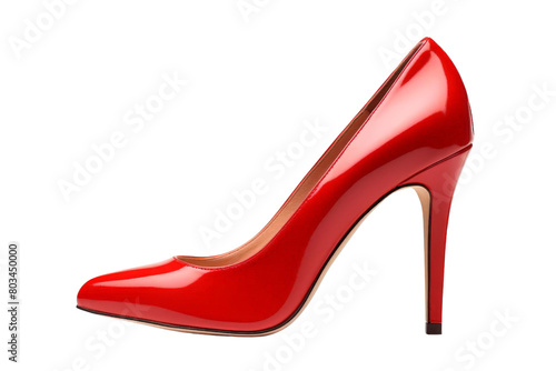 A red high heel shoe with a pointed toe, white background, transparent background