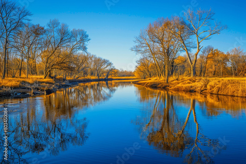 A tranquil image of a meandering river reflecting the clear blue sky, with trees lining its banks and creating a serene, natural setting.