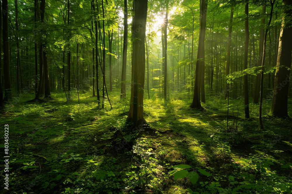 Fototapeta premium A dense forest clearing with sunlight filtering through the green leaves.