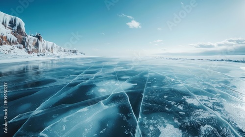 A frozen lake stretches out before you, the ice cracked and creaking in the cold photo