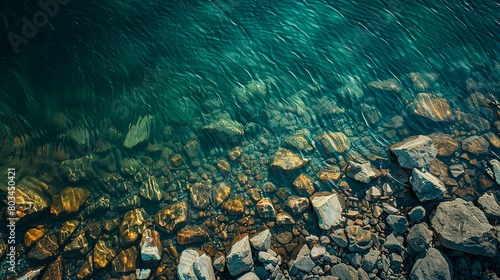 Nature Photography, From the sky looking down 10 feet from above the water, Shallow calm clear water over rocky lake bed photo