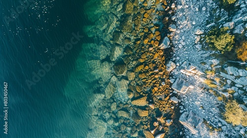 Nature Photography, From the sky looking down 10 feet from above the water, Shallow calm clear water over rocky lake bed photo