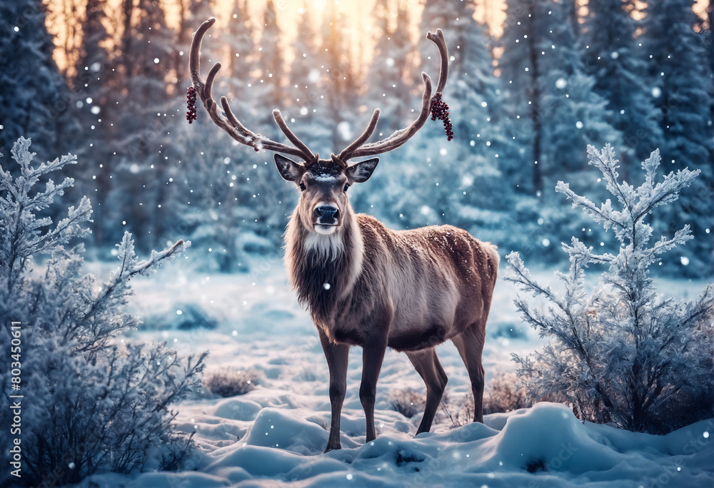 Winter snowy forest landscape with deer male buck with antlers. Generative AI Winter snowy forest landscape with deer male buck with antlers. Generative AI