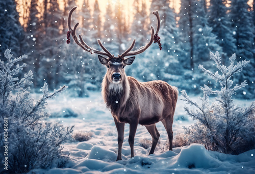 Winter snowy forest landscape with deer male buck with antlers. Generative AI © anetlanda
