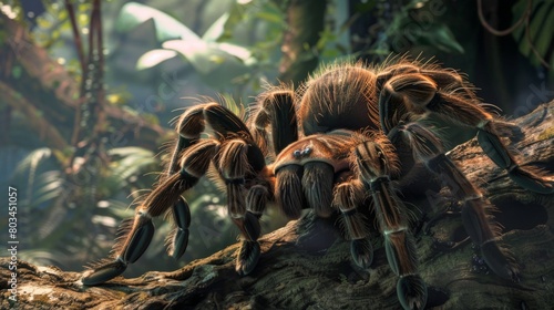 An exotic tarantula crawling on a tree branch, its hairy legs and imposing size captivating viewers with a sense of wonder.
