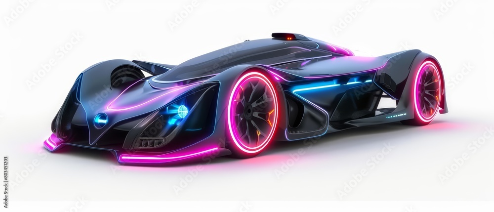 Design a futuristic race car with glowing neon lights under the body. The car should look like it is floating above the ground.