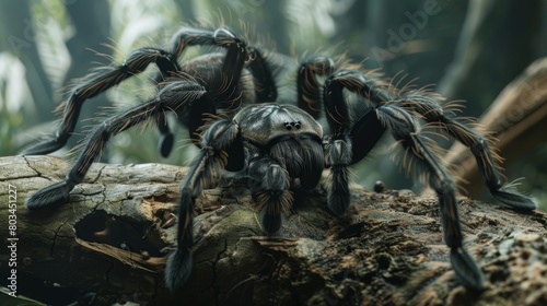 An exotic tarantula crawling on a tree branch, its hairy legs and imposing size captivating viewers with a sense of wonder. photo