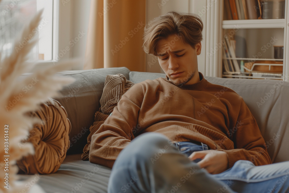 Young Man Clutches Stomach in Pain While Sitting on a Grey Sofa Young Man Clutches Stomach in Pain While Sitting on a Grey Sofa