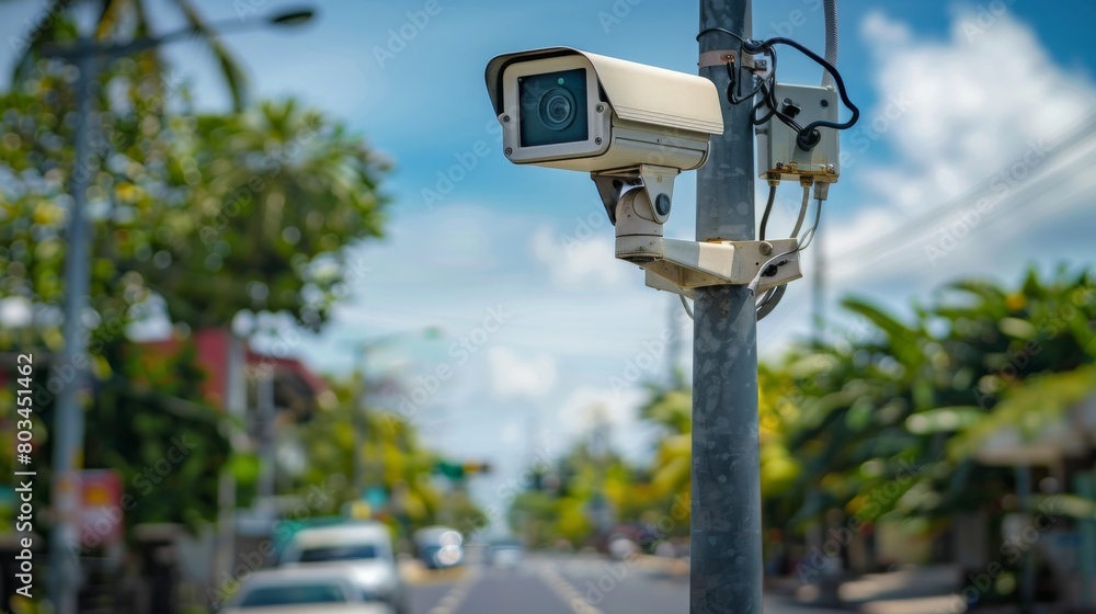 An outdoor security camera perched atop a pole, scanning the surroundings for any suspicious activity in a residential area. An outdoor security camera perched atop a pole, scanning the surroundings for any suspicious activity in a residential area.