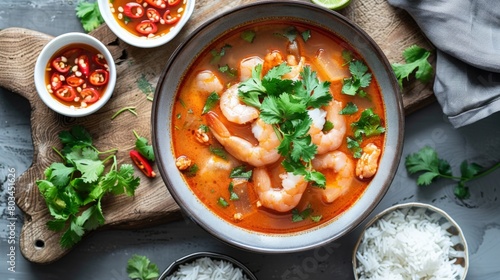 An overhead shot of a beautifully plated tom yum goong soup garnished with fresh herbs and served with a side of steamed rice, ready to enjoy. photo