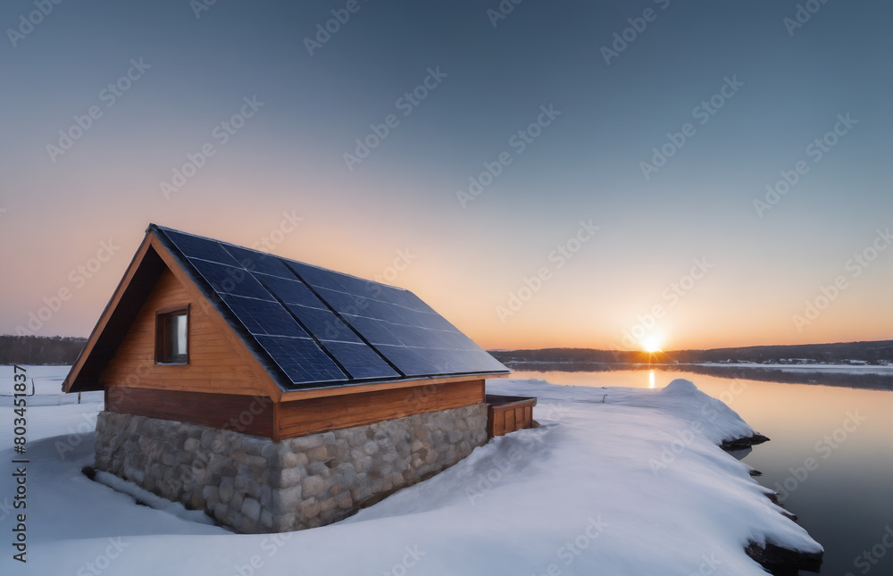House with solar photovoltaic panels in winter landscape House with solar photovoltaic panels in winter landscape