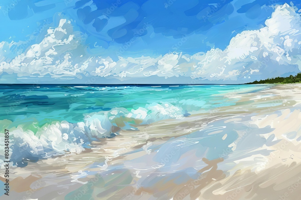 idyllic white sand beach clear turquoise water blue sky foamy waves tropical paradise seascape digital painting 