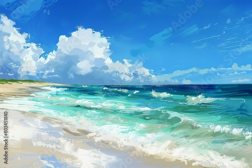 idyllic white sand beach clear turquoise water blue sky foamy waves tropical paradise seascape digital painting 