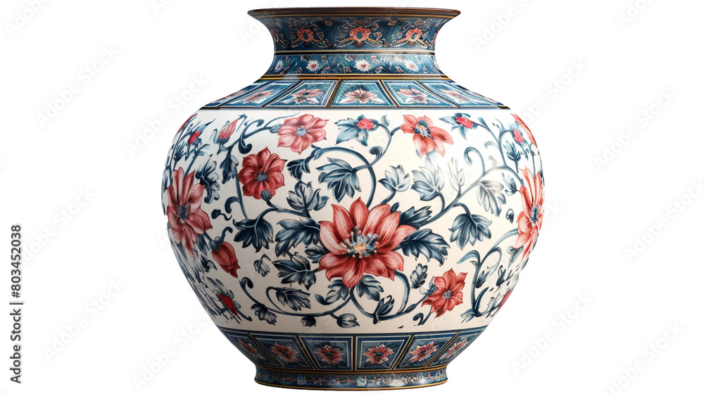 A glossy ceramic vase with intricate floral patterns on a transparent background. PNG format, This PNG file, with an isolated cutout object on a transparent background. 