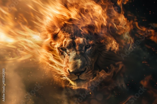 A lion with fire in its mane