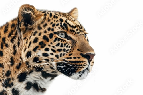 leopard white background wild cat closeup portrait isolated majestic powerful elegant graceful feline predator spots fur whiskers eyes stare intense wildlife nature animal 