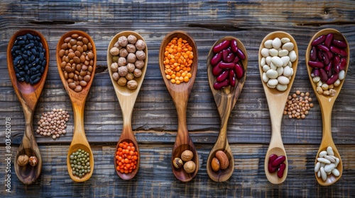 Assortment of beans and lentils in wooden spoon on wooden background. mung bean, groundnut, soybean, red kidney bean , black bean ,red bean and brown pinto beans . photo