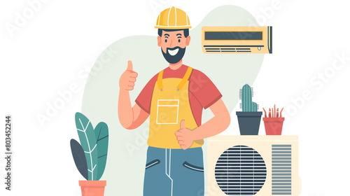 Smiling HVAC Technician with Thumbs Up. Cartoon illustration of a happy HVAC technician in a yellow vest giving a thumbs up, standing beside air conditioning units.
