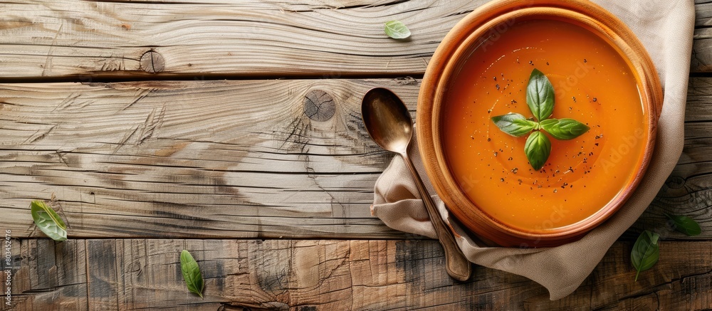 Wooden table with a dish of squash soup Wooden table with a dish of squash soup