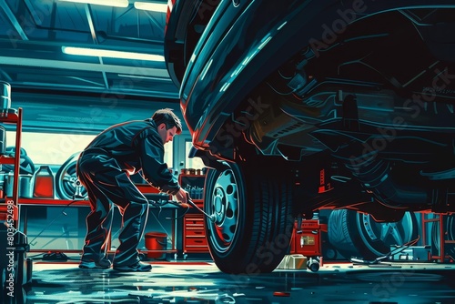 mechanic unscrewing bolt bottom car offset spanner standing workshop auto repair expertise precision skilled labor realistic digital illustration 
