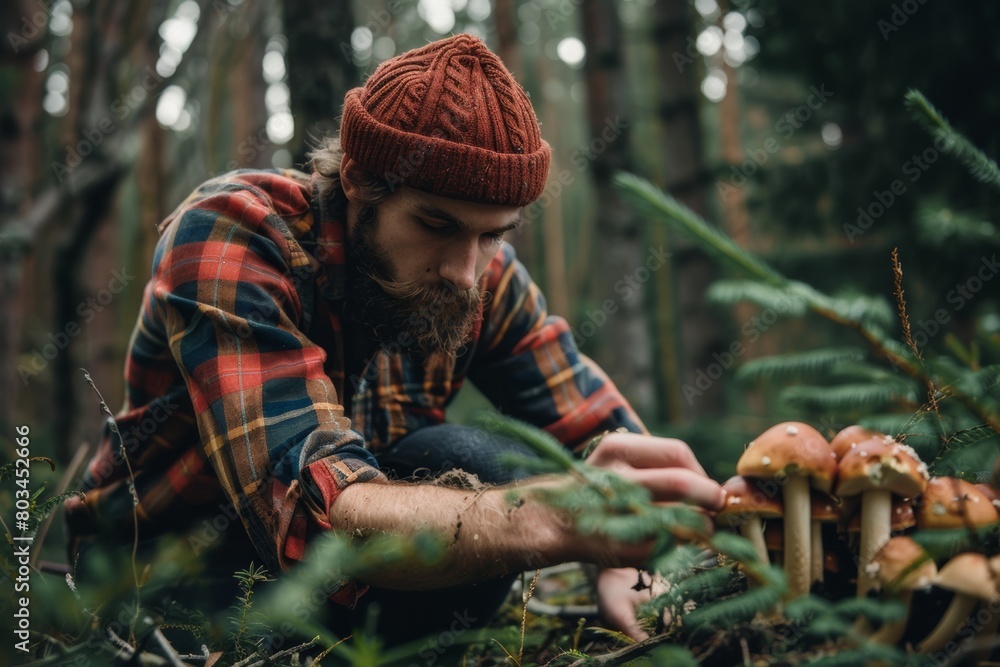 hipster guy foraging for mushrooms in the forest. Sustainable eco hobby. Collecting organic food.