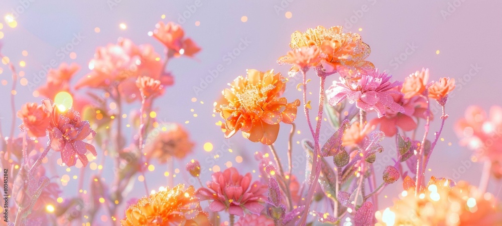 Spring flowers, dusting of golden glitter, whimsical charm, soft lighting background. 